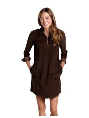 Toad&Co Cruiser Corduroy Popover Dress Houndstooth Brown LS organic Size M Gorpc